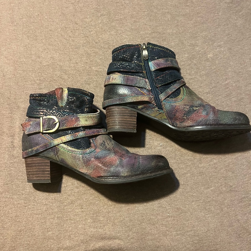 Multicolor Distressed Leather Strap Heeled Ankle Boots